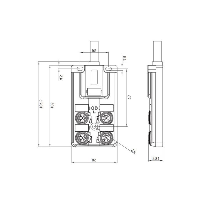 M12 junction box, single channel, Without LED, 4-port integrated,PUR柔性电缆、黑色护套、24W401-XXX