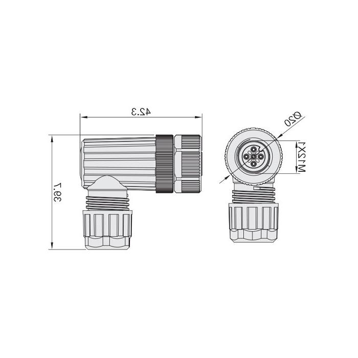 M12 5Pin, female 90°, food grade, screw connection, 64F269