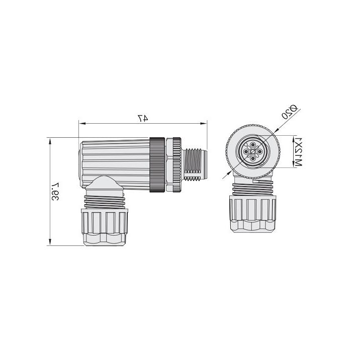 M12 5Pin, male 90°, food grade, screw connection, 64F329