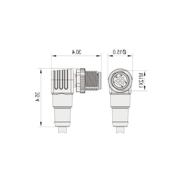 M12 4Pin, male head 90°, high temperature resistance 120 ° C, single-end precast PUR柔性电缆、黑色护套、64H161-XXX